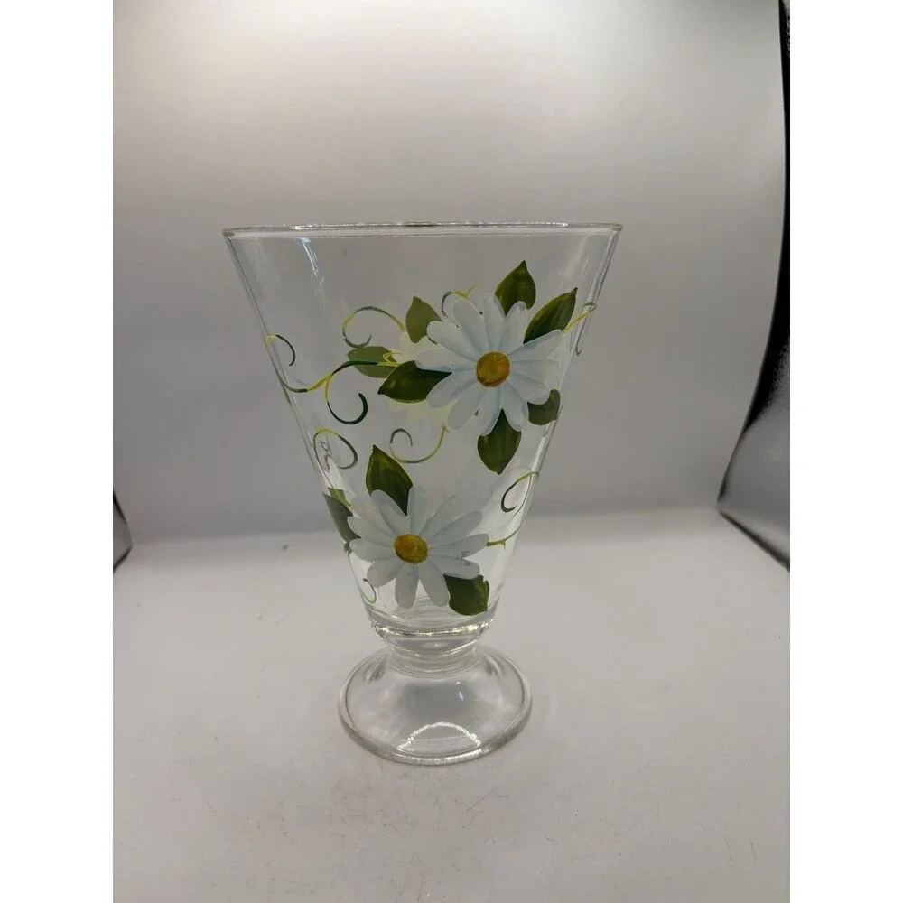 Footed Glass Vase Adorned With Hand Painted Daisies Heavy Glass 7.5” Tall